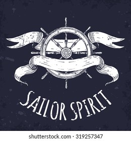 Items on the marine theme. Hand drawn elements. Grunge effect.