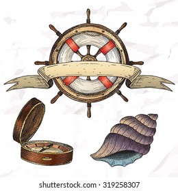Items on the marine theme. Hand drawn elements.