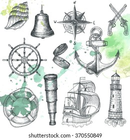 Items on the marine theme. Hand drawn elements.