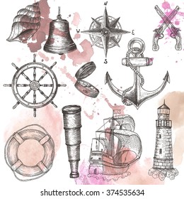 Items on the marine theme. Hand drawn elements.