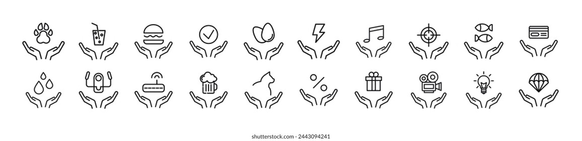 Items over hands line icons collection. Editable stroke. Simple linear illustration for web sites, newspapers, articles book