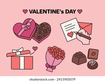 items pack for Valentine's day. Chocolate box, gifts, letters and flowers for lovers. vector outline illustration. isolated elements.