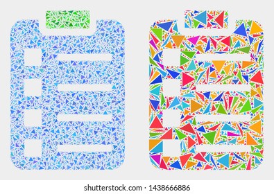 Items pad mosaic icon of triangle items which have different sizes and shapes and colors. Geometric abstract vector illustration of items pad.