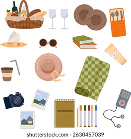 Artigos para um piquenique e ar puro. Definido. Cesta com pão, vinho, comida. Vidro para beber e pratos. Cobertor, livros e jogador. Chapéu Sol e óculos escuros. Livro de desenhos para desenho, creme de queimadura de sol. Câmera an