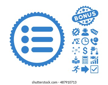 Items pictograph with bonus icon set. Vector illustration style is flat iconic symbols, cobalt color, white background.