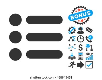 Items pictograph with bonus images. Vector illustration style is flat iconic bicolor symbols, blue and gray colors, white background.