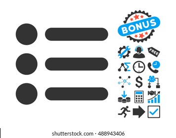 Items pictograph with bonus pictogram. Vector illustration style is flat iconic bicolor symbols, blue and gray colors, white background.