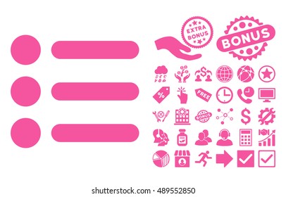 Items pictograph with bonus pictures. Vector illustration style is flat iconic symbols, pink color, white background.