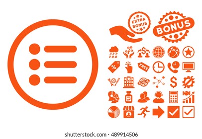 Items pictograph with bonus pictures. Vector illustration style is flat iconic symbols, orange color, white background.