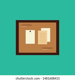 Items pinned to a cork message board with wood frame,