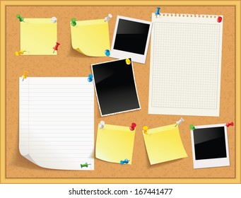 Items pinned to a cork message board with wood frame, ready for your customized text or images. Yellow stick note. Blank worksheet exercise book. Empty shiny photo frame. Vector illustration. Set