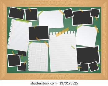 Items pinned to a school message board with wood frame, ready for your customized text or images. Stick note. Blank worksheet exercise book. Empty photo frame. The school Board. 