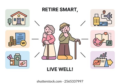 Items to prepare for retirement for a second life. Characters of a worried grandmother and grandfather. Cuttiny character with outline.