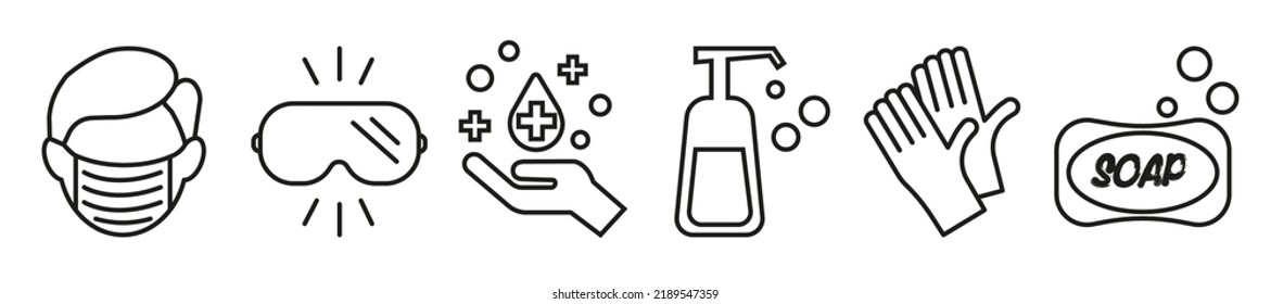 Items for the prevention of various diseases. Vector illustration. Personal protective equipment icons - medical mask, latex gloves, soap, dispenser, goggles.