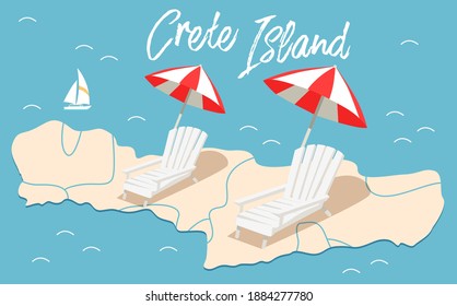 Items for recreation at sea or ocean. Sun loungers and parasols for sunbathing and relaxing on beach. A pair of beach accessories vector illustration. Crete island travel map surrounded by water svg