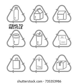 ITEMS TO RECYCLE
Recycle icon in green with different things that should be recycled such as food container, paper, plastic and etc.