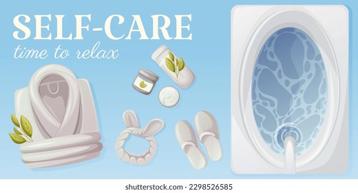 Items for relaxation. Bathtub with water, folded bathrobe, slippers, headband, towel and cream. Health and beauty. Top view. Self-care banner, time to relax. Vector illustration