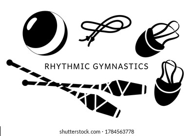 Items for rhythmic gymnastics. Vector set, isolated. Black on a white background.