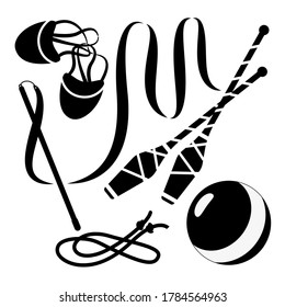 Items for rhythmic gymnastics. Vector set, isolated. Black on a white background.