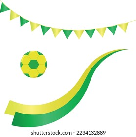 Items to Root for Brazil. Green and Yellow Soccer Ball, Ribbons and Little Flags Vector to Celebrate Team Victory!