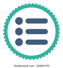 Items round stamp icon. This flat vector symbol is drawn with cobalt and cyan colors on a white background.