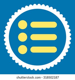 Items round stamp icon. This flat vector symbol is drawn with yellow and white colors on a blue background.