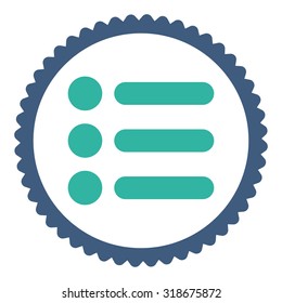 Items round stamp icon. This flat vector symbol is drawn with cobalt and cyan colors on a white background.
