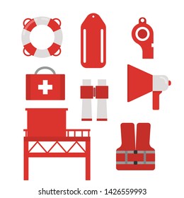 Items to save life on water. Set. 
Life jacket, life preserver, lifeguard tower, buoy, first aid kit, binoculars, whistle