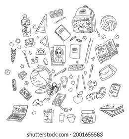 items for schoolchildren are drawn with a line in doodle style. triangles, rulers, globe, pencils, paints, pens, keys, backpack, books, food. can be used for decoration or as coloring