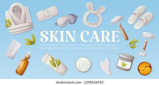 Items for self-care. Gua sha tools, oil serum, folded bathrobe, slippers, headband, eye mask and patches, cream. Skin care banner with space for text. Vector illustration