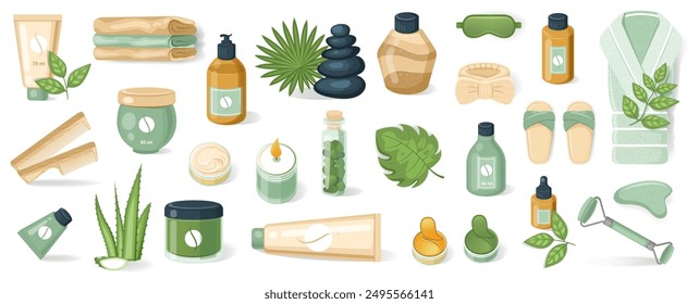 Items for self-care. Spa, aromatherapy and wellness products. . Scented candle, essential oil, soap, stones, leaves. Massage salon items vector illustration