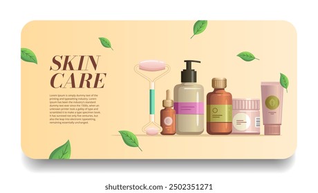 Items for self-care. Spa, aromatherapy and wellness products. . Scented candle, essential oil, soap, stones, leaves. Massage salon items vector illustration