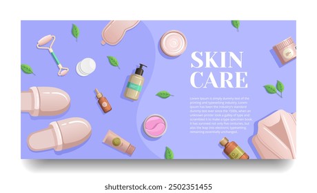 Items for self-care. Spa, aromatherapy and wellness products. . Scented candle, essential oil, soap, stones, leaves. Massage salon items vector illustration
