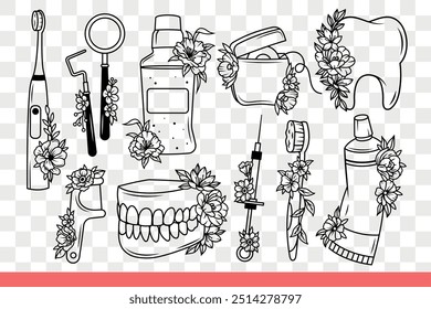 Itens para autocuidado de dentes ou ir ao dentista e ortodontista visitante. Pasta de dente e escova de dentes para o cuidado de dentes perto de lupa e gancho decorados com flores. Mão desenhada.