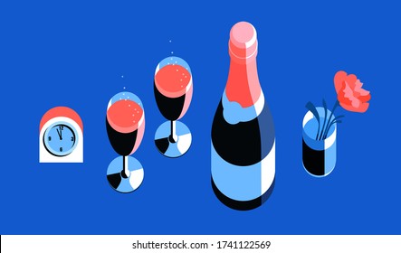 Artículos para una cena romántica - despertador, copas de champán, botella de champán, flor en vidrio. Ilustración del vector