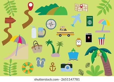 Itens definidos para viagem de verão, preparação da viagem 