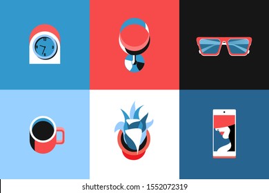 Items set, top view. Alarm clock, glass of wine, coffee mug, glasses, potted plant and smartphone. Vector illustration