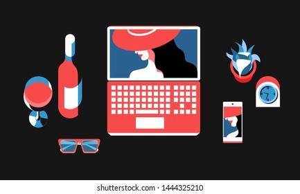 Items set, top view. Laptop, smartphone, glasses, alarm clock, bottle of wine, wine glass, potted plant. Vector illustration