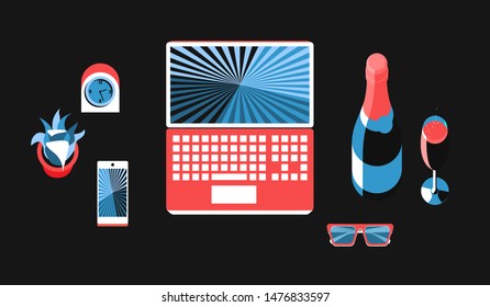 Items set, top view. Laptop, smartphone, glasses, alarm clock, bottle of champagne, champagne glass, potted plant. Vector illustration