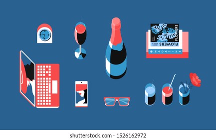Elementos definidos, vista superior. Laptop, smartphone, gafas, despertador, botella de champán, copas de champán y cóctel, flor, libros. Ilustración del vector