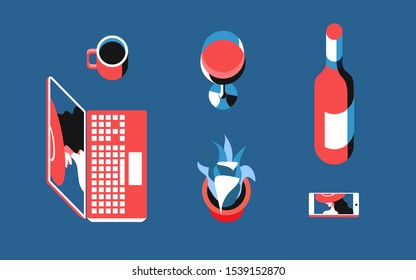 Items set, top view. Laptop, smartphone, coffee mug, bottle of wine, wine glass, potted plant. Isolated images, blue background. Vector illustration