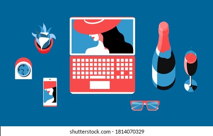 Items set, top view. Laptop, smartphone, glasses, alarm clock, champagne bottle and glass, potted plant. Vector illustration