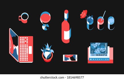 Items set, top view. Laptop, smartphone, coffee mug, bottle of wine, wine glass, cocktail glasses, flower, potted plant, books. Vector illustration