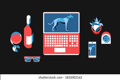 Items set, top view. Laptop, smartphone, dog on screensaver, glasses, alarm clock, bottle of wine, wine glass, potted plant. Vector illustration