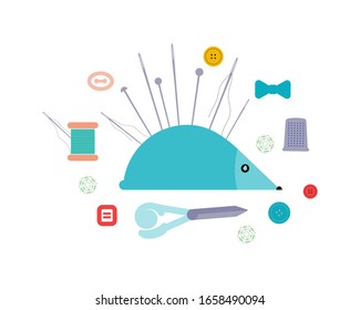 Items for sewing and needlework. The concept of sewing craftsmanship. Flat vector illustration isolated on white background.
