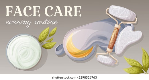 Artículos para el cuidado de la piel antes de acostarse. Máscara de ojos para dormir, gua sha rodillo y rascacielos de piedra natural, crema. Salud y belleza. Vista superior. Cartel de atención facial, rutina nocturna. Ilustración del vector