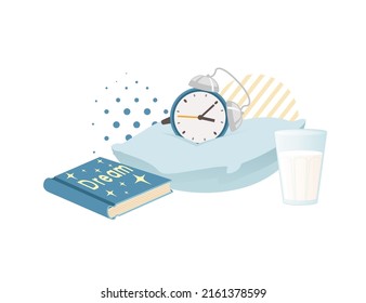 Items for sleeping pillows dream book and alarm clock vector illustration on white background