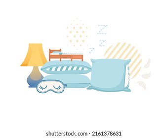 Items for sleeping pillows mask and night lamp vector illustration on white background