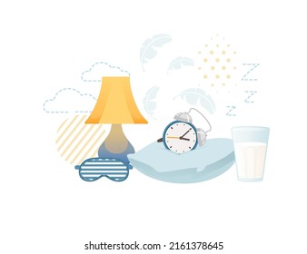 Items for sleeping pillows mask and night lamp vector illustration on white background