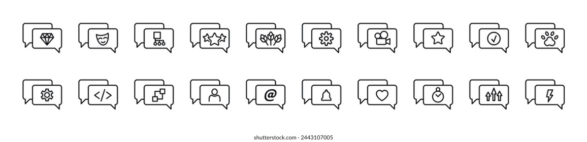 Items in speech bubbles line icons collection. Editable stroke. Simple linear illustration for web sites, newspapers, articles book